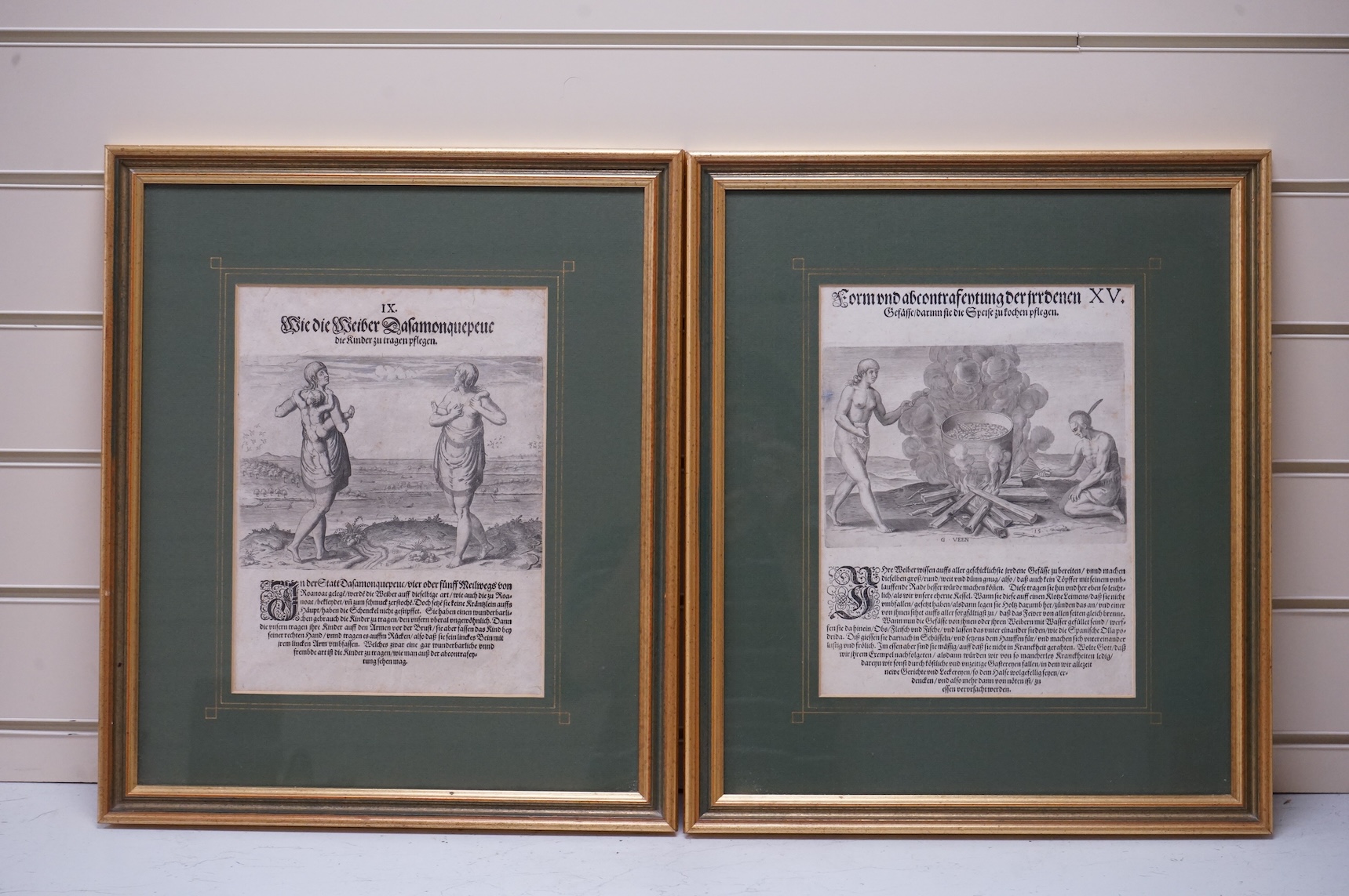 After Theodor De Bry (1528-1598), engraved by J.Veen, two Americana engraved bookplates comprising ‘How the women carry their children’ and ‘How they cook fish over flame', each 28 x 21.5cm